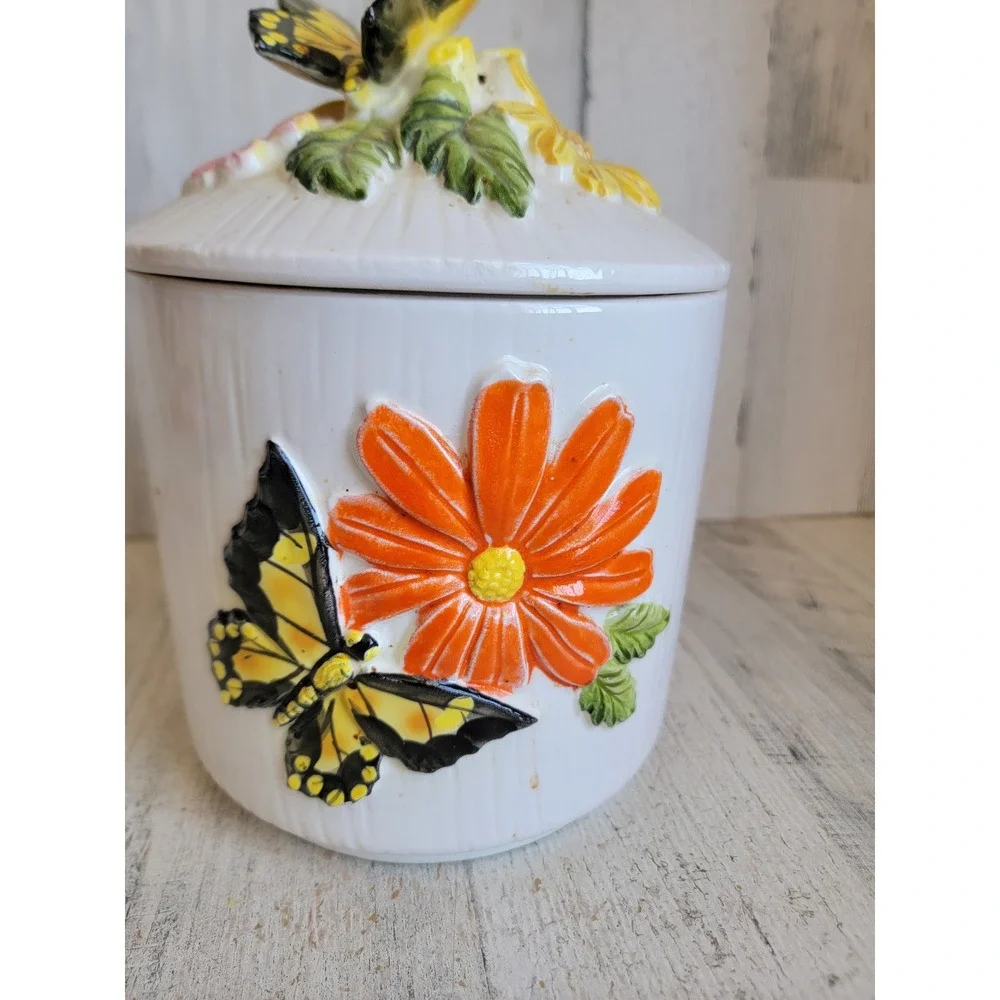 Vintage 3D butterfly kitchen canister jar unique floral home decor lidded - Picture 3 of 14